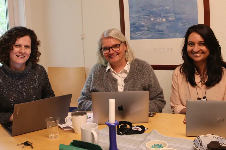 En gruppe kvinner som sitter ved et bord med bærbare datamaskiner