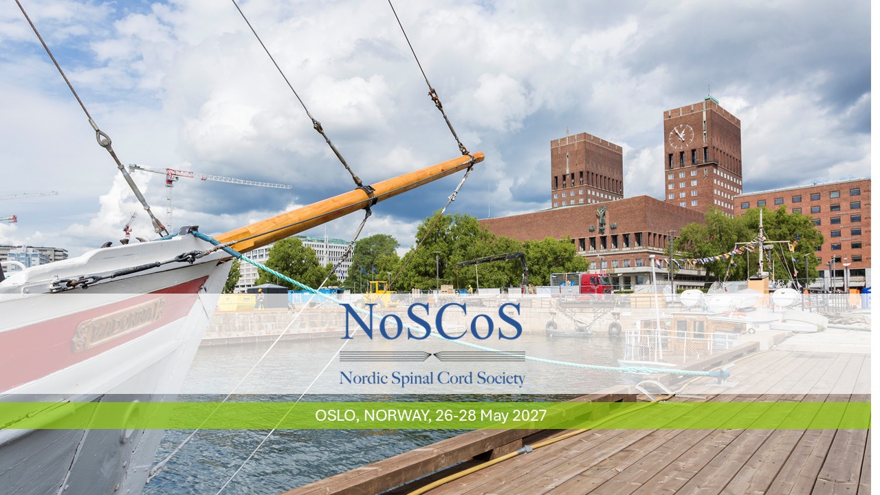 A boat docked in a harbor. Text: NoSCoS 2027 Oslo 26-28 May