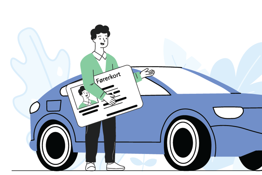 Mann foran en bil som holder et førerkort