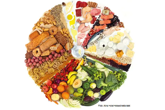 Matvarer fra ulike ernæringsgrupper lagt opp som et hjul