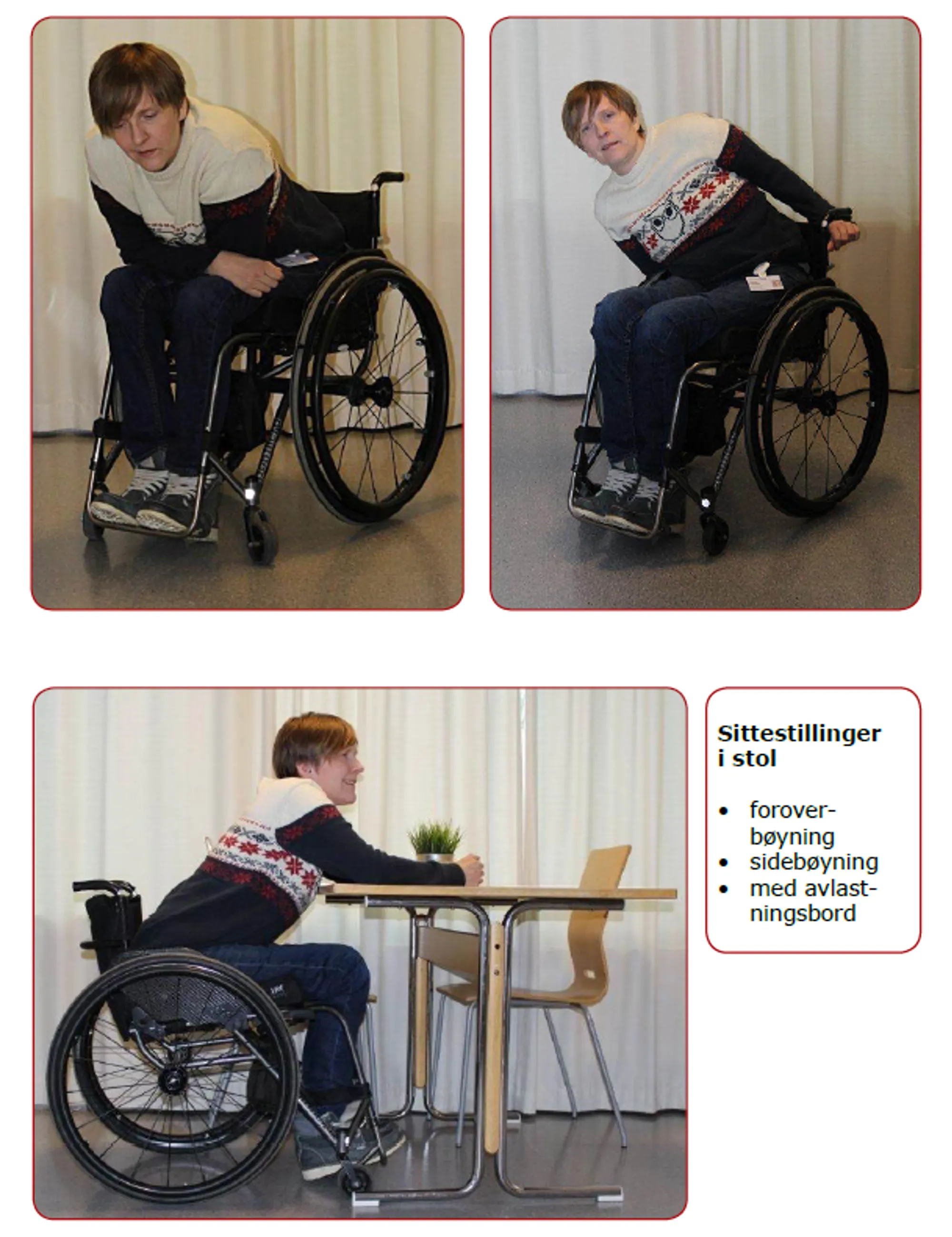fotografier viser tre ulike sittestillinger i stol