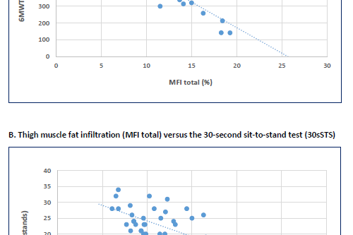 Figur 3 A og B viser en klar sammenheng mellom mengden muskelfett i lårene (MFI) og prestasjon på 6 minutters gangtest (6MWT) og