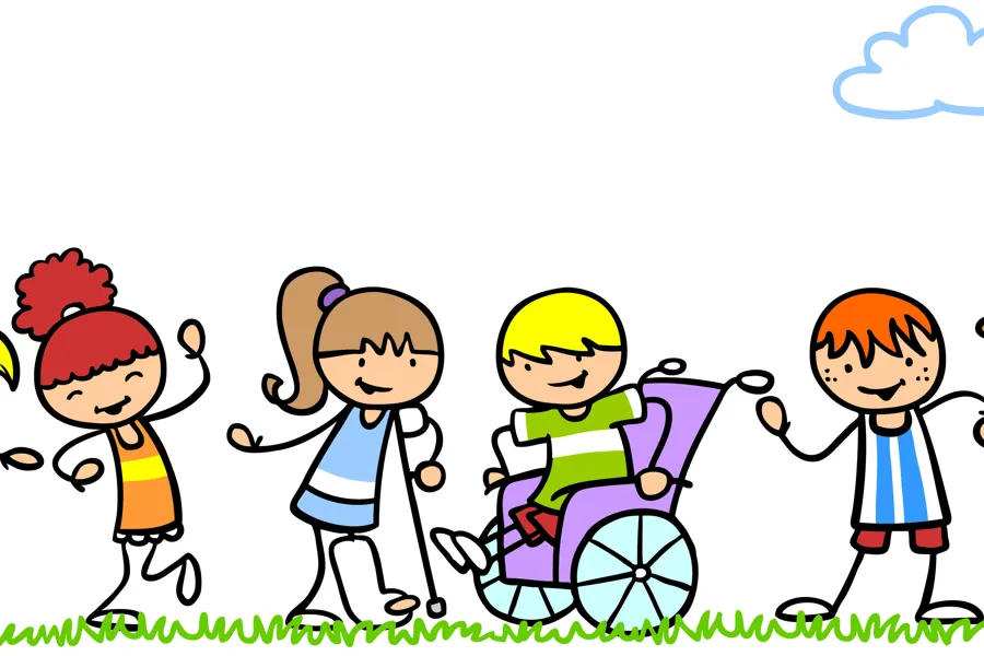 Illustrasjon av barn som leker, en av dem i rullestol og en med krykke