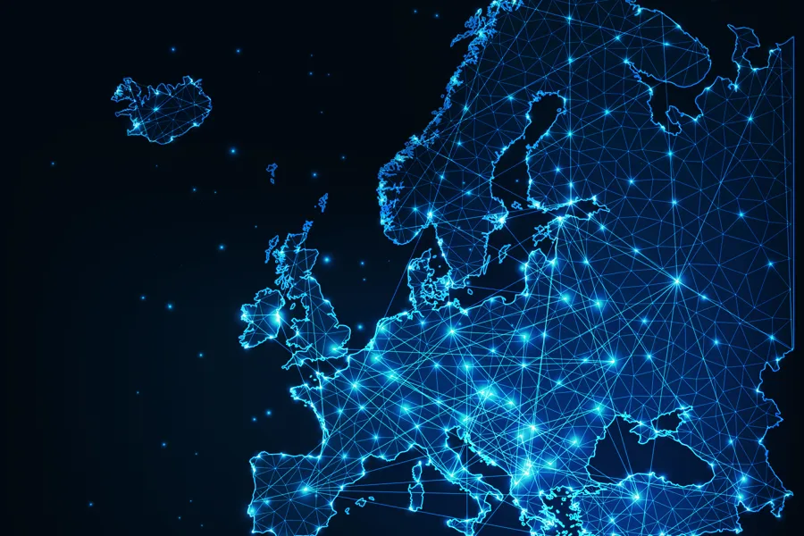 Et internasjonalt nettverk, bilde av Europa med mange linjer på kryss og tvers