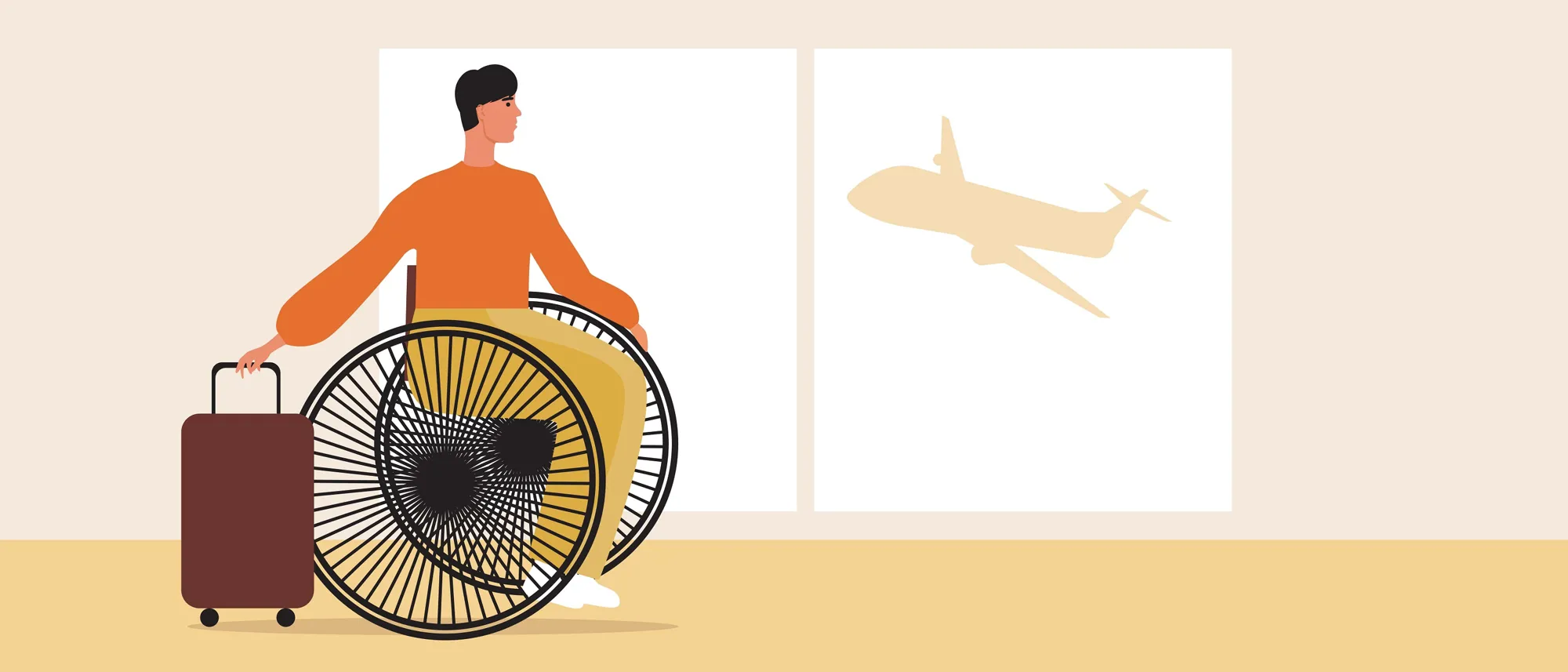 Rullestolbruker på flyplass, illustrasjon