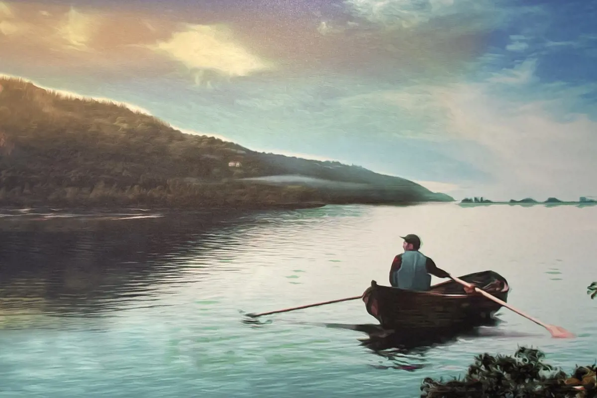 Maleri av Rolf Sunnaas som ror en båt og kikker opp mot Nesodden.