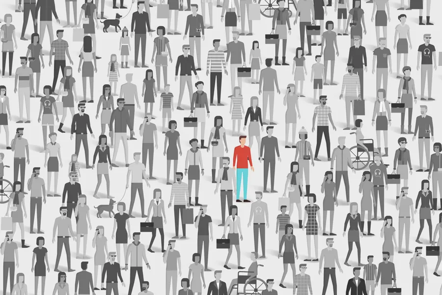 Illustrasjon av et lite menneske i en stor menneskemengde