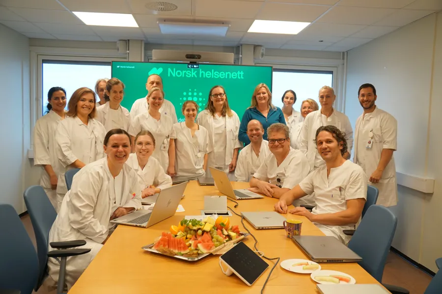 Gruppebilde med leger som sitter og står rundt et bord. Alle smiler til kameraet