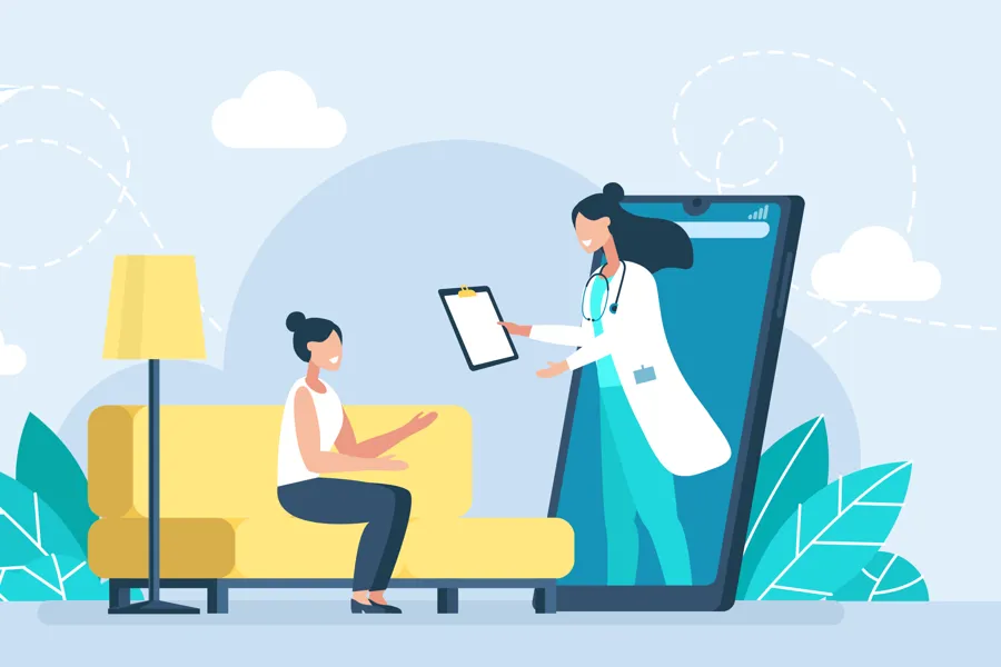 En lege som kommer ut av en skjerm og gir en pasient et skjema