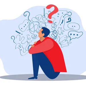 En person som sitter, rundt personen er det forskjellige tegn og talebobler.