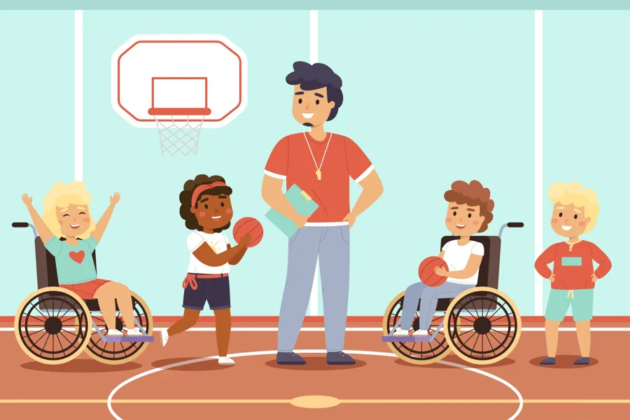 Illustrasjon av lærer og elever i kroppsøvingstime. To elever bruker rullestol