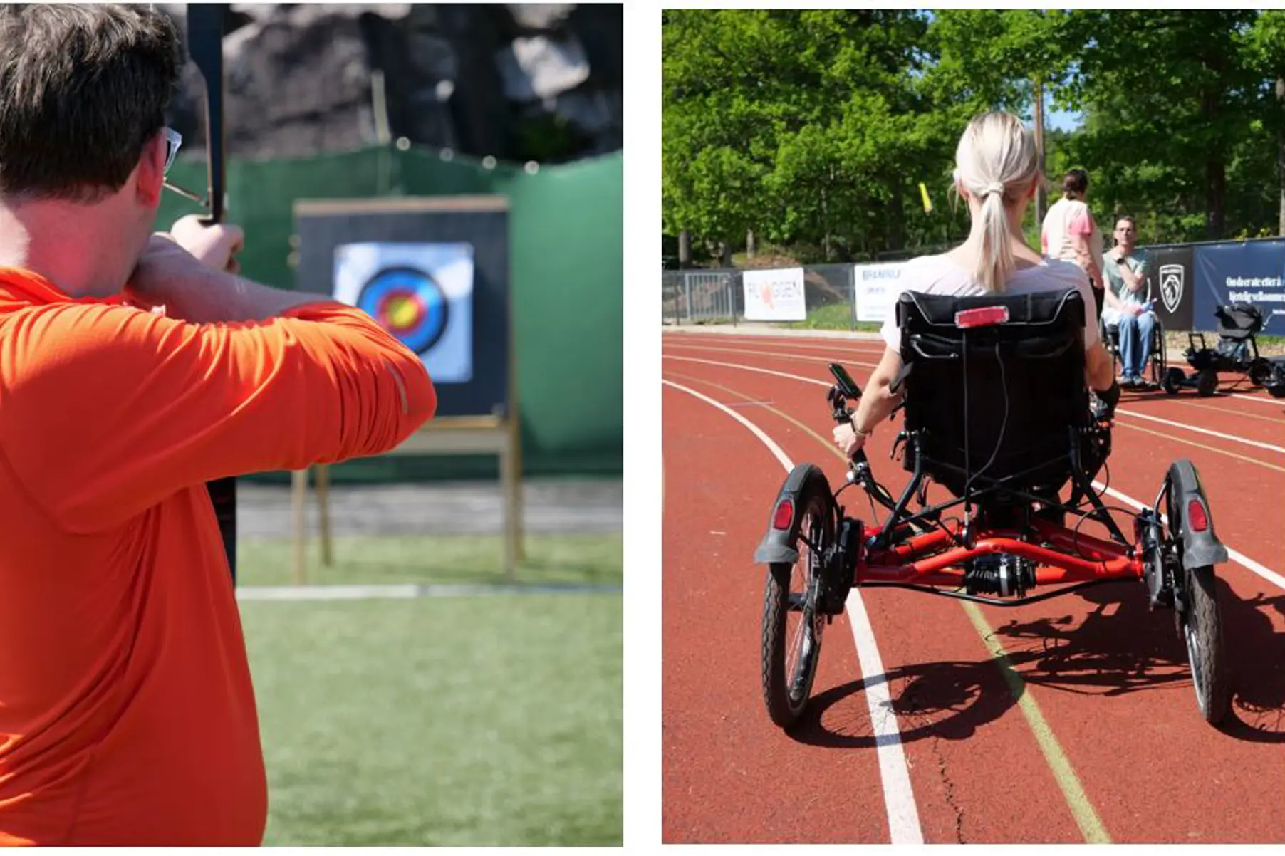 Fire bilder en dame trener taekwondo, en mann skyter med pil på en blink, en dame kjører sittesykkel og en mann spiller teppecur