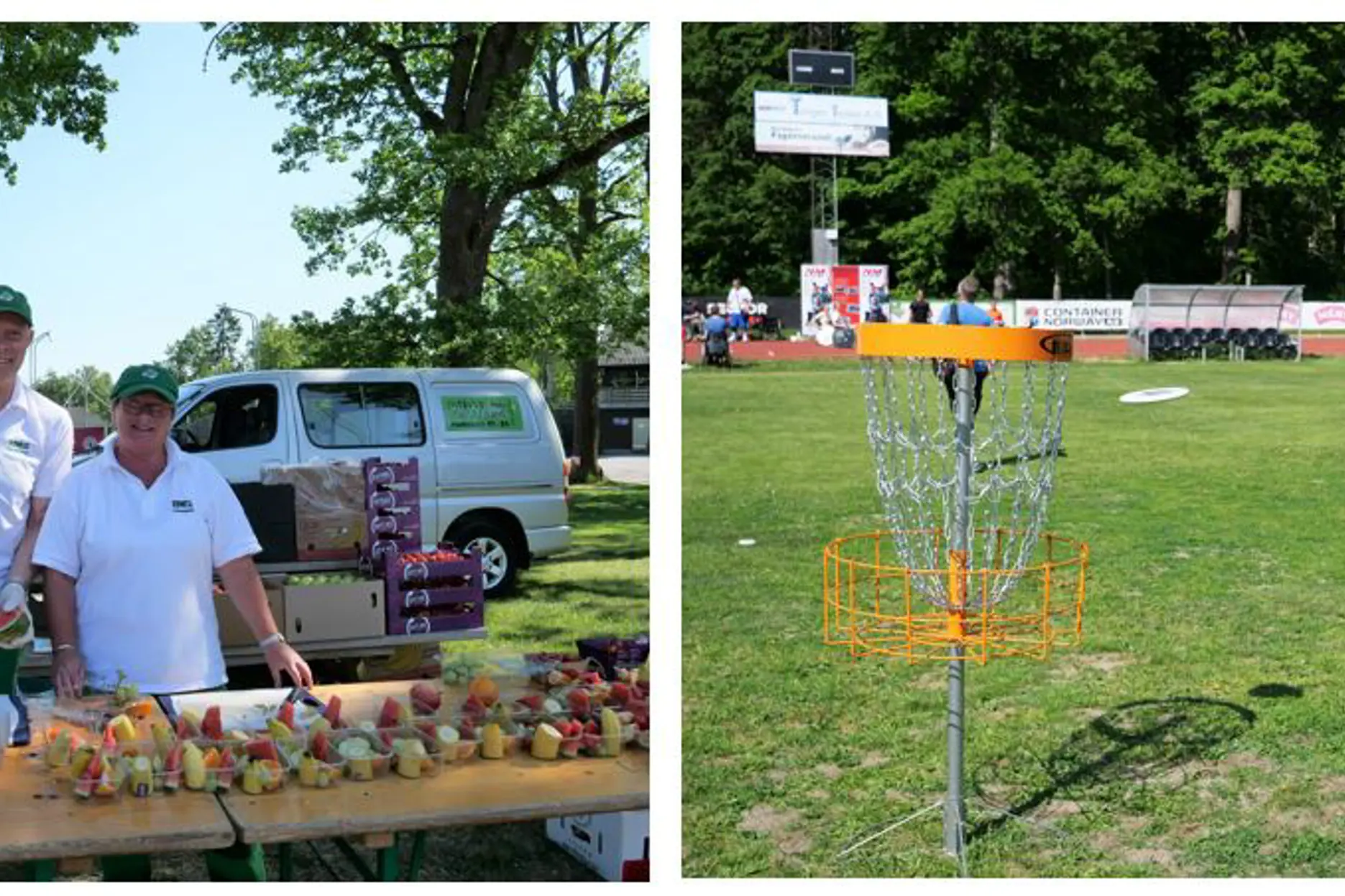 En taekwondoutøver knuser murstein, to Kiwi-medarbeidere deler ut frukt, en mann kaster frisbeegolf, en dame spiller badminton